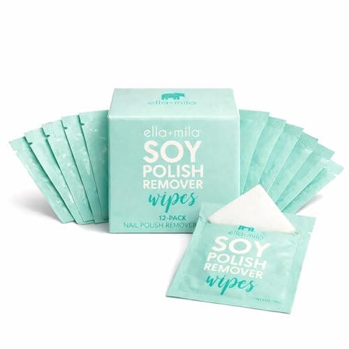 ellamila Soy Nail Polish Remover Wipes NonAcetone NonToxic Fingernail Polish Remover Pads Travel Size Individually Wrapped Lint Free Enriched with Vitamins 12 Pack
