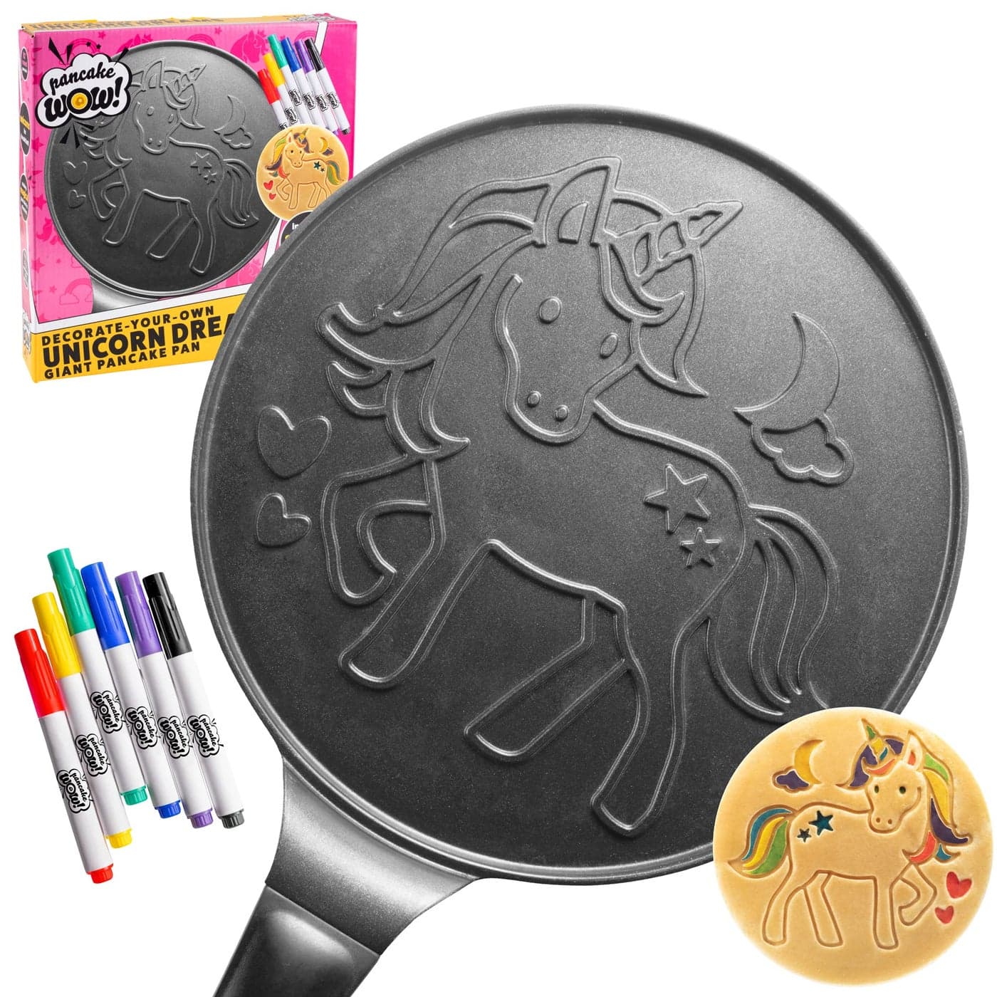 CucinaPro Large 10 Unicorn Pancake Pan Nonstick Skillet with Set of 6 Edible Food Markers for Decorating Pancakes Aluminum Electric and Gas Stovetop Compatible