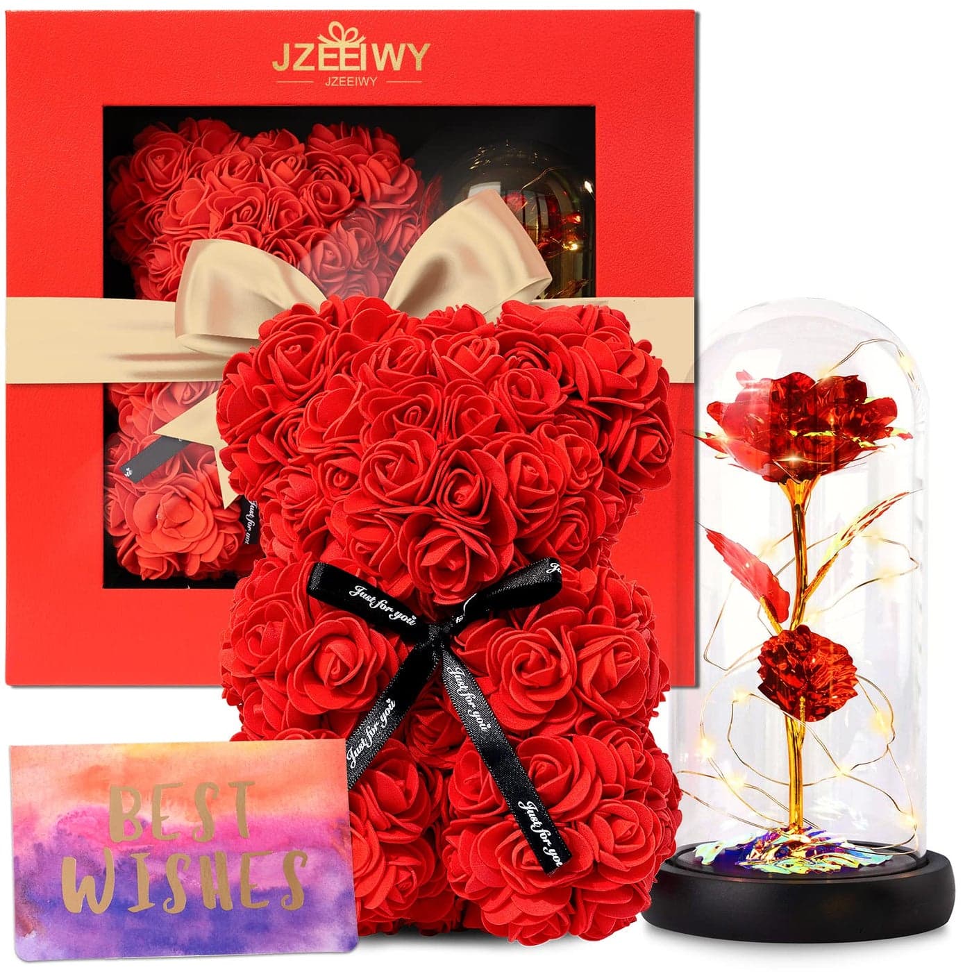 JZEEIWY Flower Rose Bear for MomPerfect Birthday Romantic Gift for Wife Daughter Girlfriend Friend HerLight up Rose in Glass Dome for Birthday Anniversary Mothers Day Valentines Day