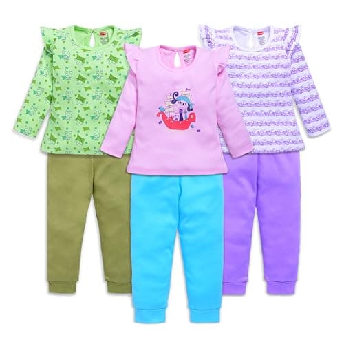 LuvLap Baby Girls 100% Cotton Full Sleeve Girls Top & Pyjama CoSets Pack of 3, Baby Pink, Paradise Green & White, XXL (18 to 24 Months)