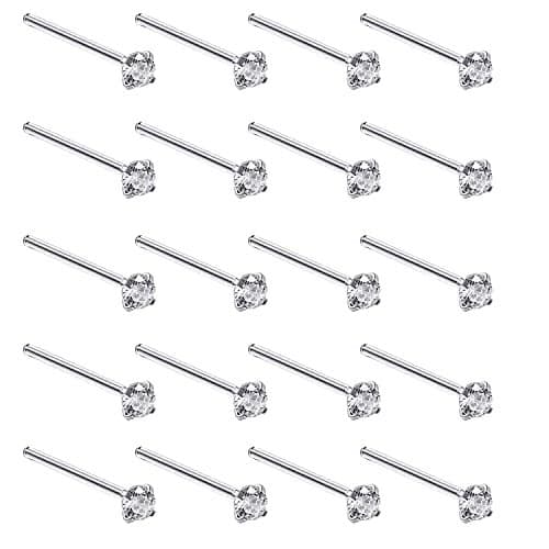 Silver Set of 20 Round Clear Simulated Diamond Nose Stud Box 1.5 mm Straight