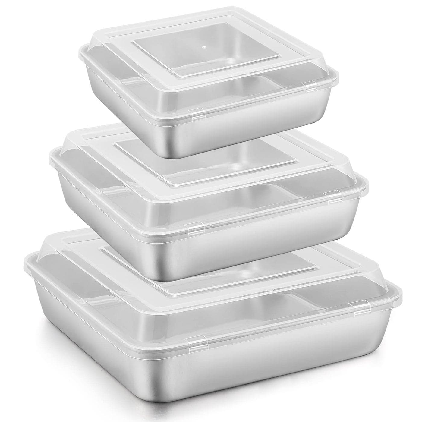 Efar 689Inch Square Cake Pan with lid Set Square Baking Brownie Pans Stainless Steel Bakeware Set of 3 Nontoxic Healthy Easy Clean Dishwasher Safe 6 Pieces3 Pans 3 Covers
