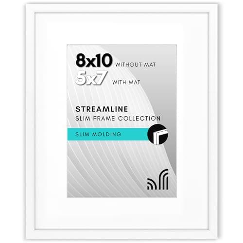Americanflat 8x10 Picture Frame with Shatter-Resistant Glass - Use as 5x7 Frame with Mat or Display 8x10 Photo Without Mat - Streamline Collection - Picture Frames for Tabletop and Wall - White