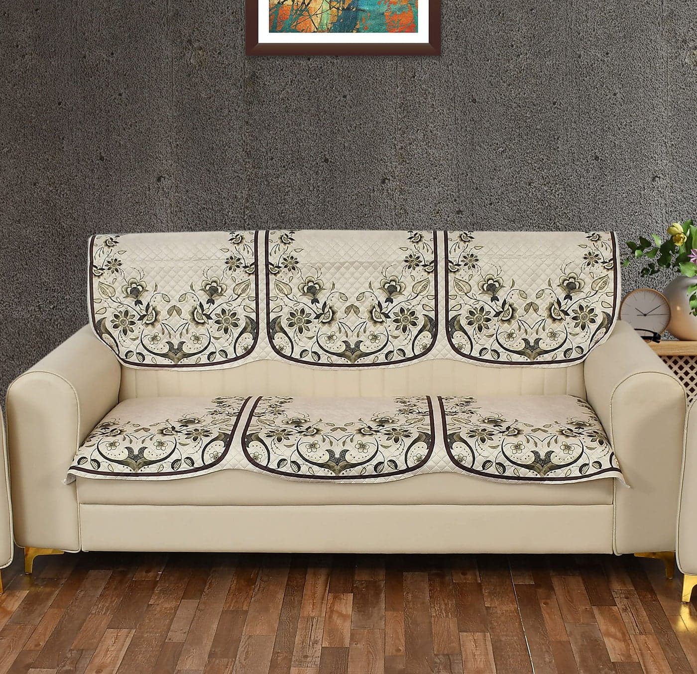 Yellow Weaves Velvet 3 Seater Quilted Sofa Cover, Floral Design, Seat & Back Cover, Color - Ivory