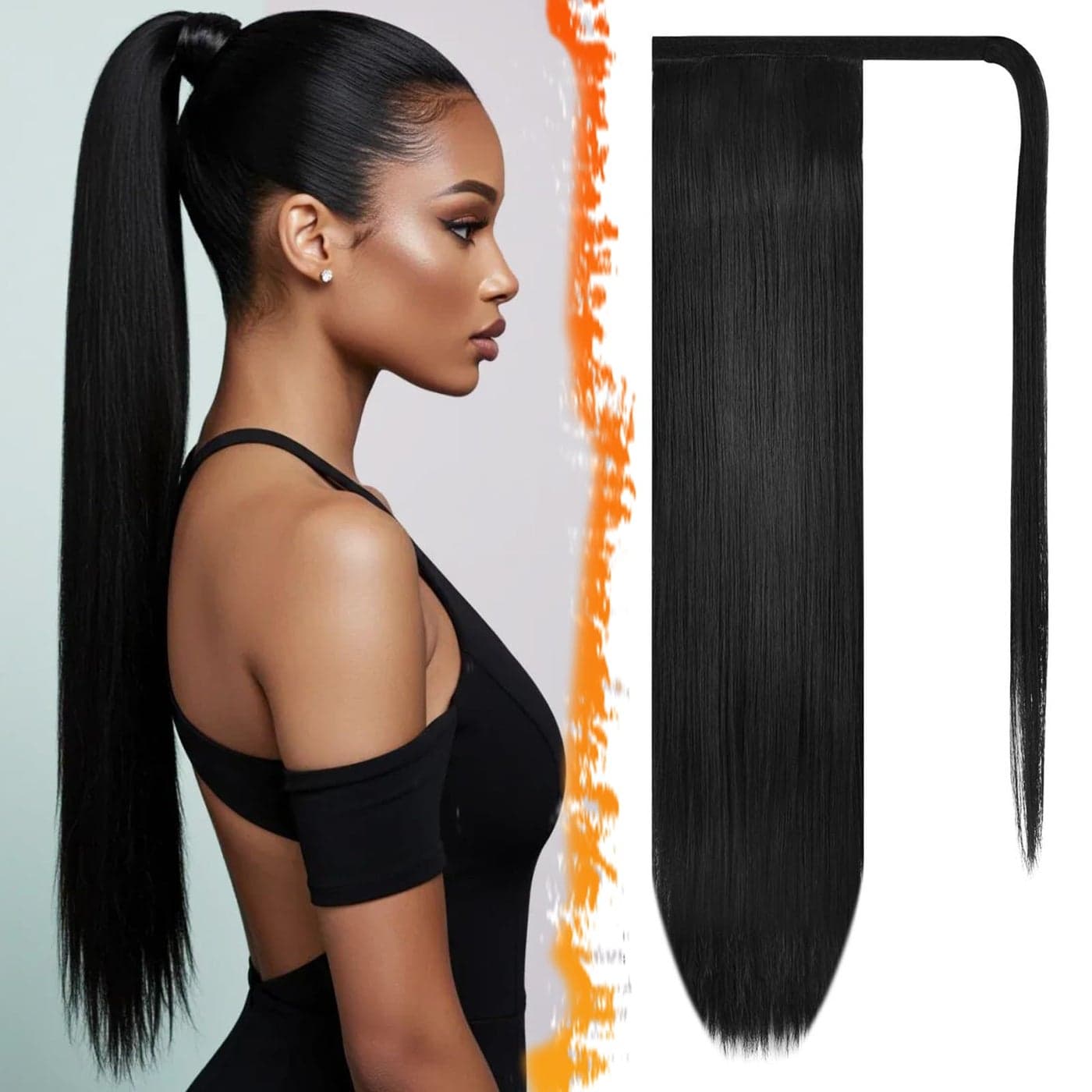BARSDAR Natural Black Straight Ponytail Extension 26 Inch Long Straight Wrap Around Ponytail for Black Women Clip in Pony Tail Hair Extensions Synthetic Pony Tails Hairpieces Daily