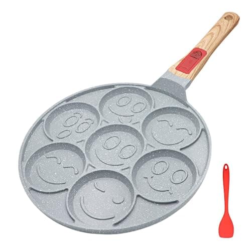 RANX INGST Ceramic Pancake Pan for Kids, Nonstick Pancake Griddle with Detachable Handle, 7 Hole Smiley Face Pancake Mold