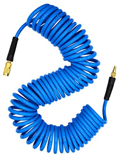 YOTOO Polyurethane Recoil Air Hose 3/8" Inner Diameter by 50' Long with Bend Restrictor, Repairable 1/4" Industrial Quick Coupler and Plug, Blue