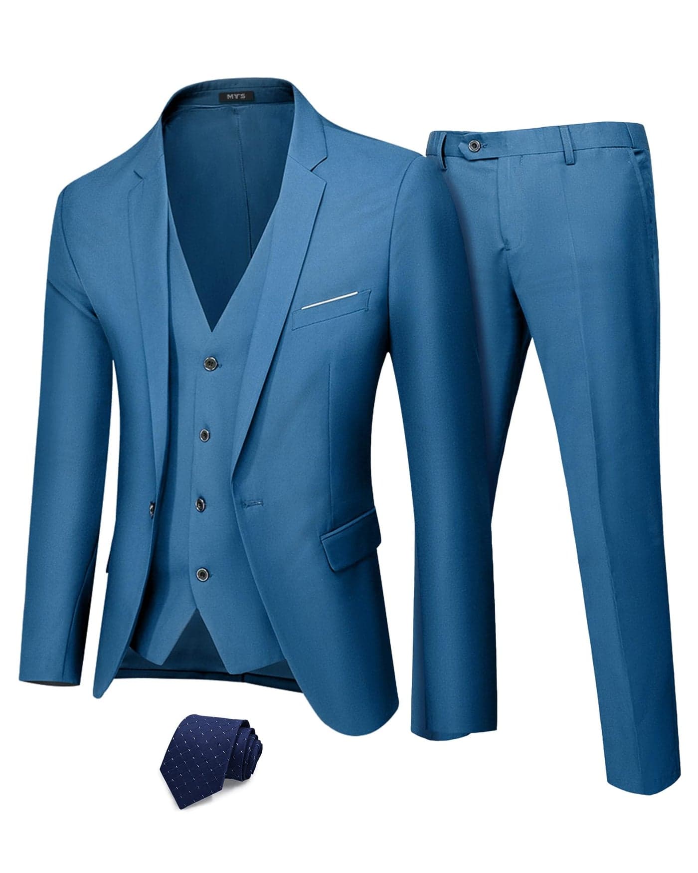 MYS Mens 3 Piece Suit Set with Tie One Button Slim Fit Jacket Vest Pants Party Wedding Prom Blazer Waistcoat Trousers Light Blue Small