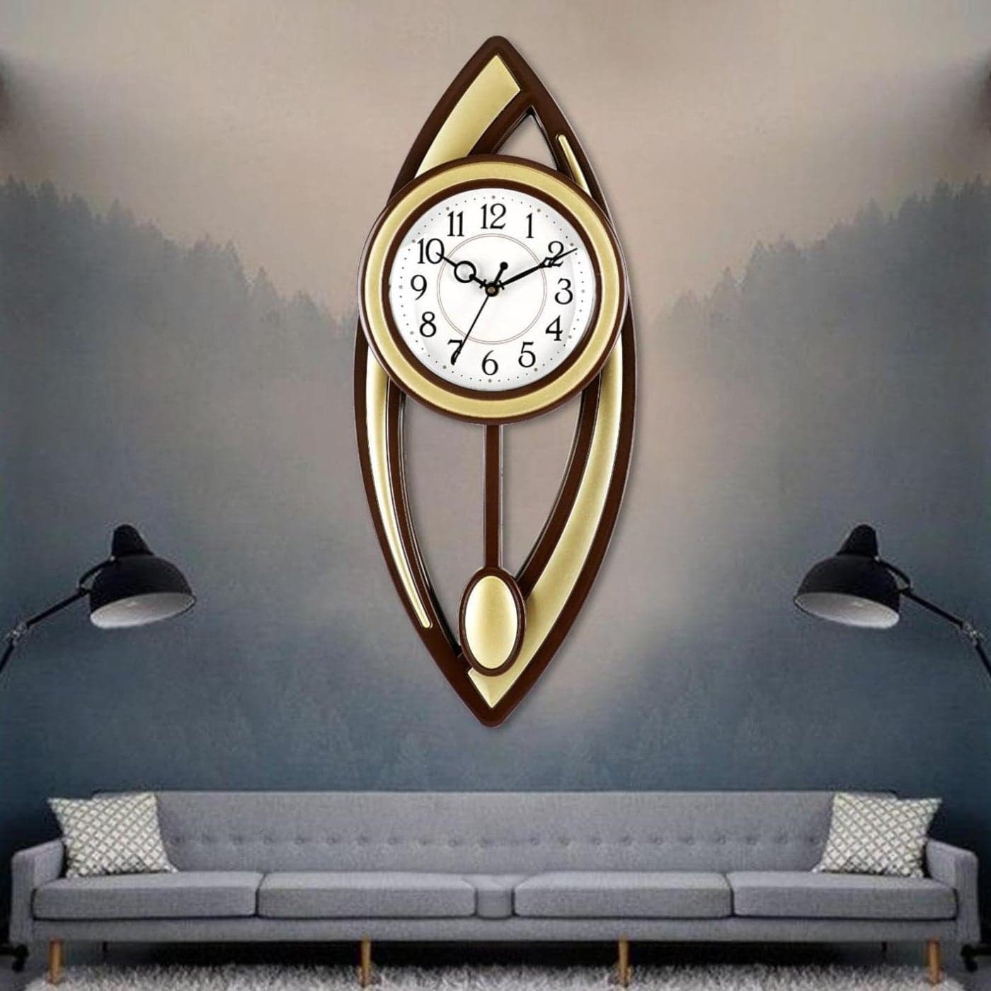 Analog Latest Stylish New Models Wall Clock with Pendulum for Home Living Room Hall Bedroom (Size Height 52 CM X Width 21 CM)- 15DBUN (Golden)