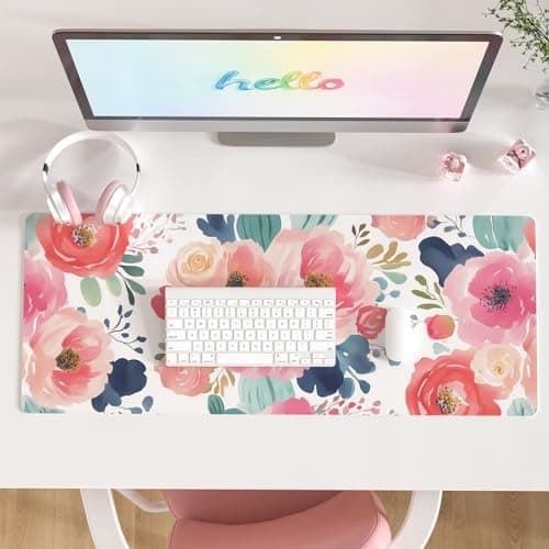 Colorful Star Large Mouse Pad Pink Floral Desk Mat for Desktop Women Girls PU Leather Waterproof Gaming Mousepad Computer PC Laptop Protector Flowers Desk Pads for School Office Home 315 x 118