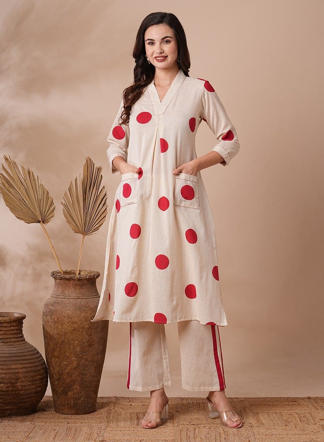 Polka Dot Printed A-Line Co-ord Set Off White | Indian Dress for Women | Traditional Dress Salwar Kameez Kurti Pant Dupatta Set | Ready to Wear Ethnic Kurta Set