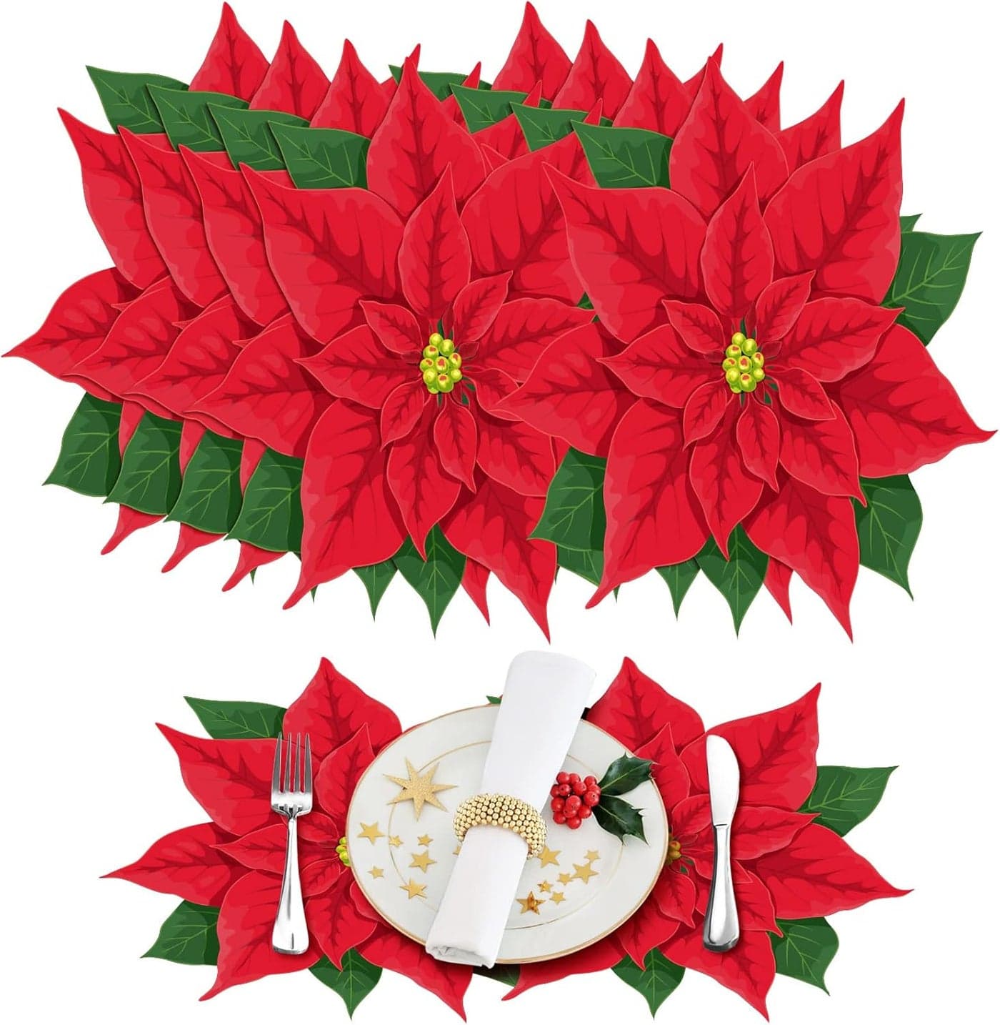 36 Pieces Christmas Paper Placemats Holiday Poinsettia Flower Snowman Placemats for Home Holiday Table Top Decoration