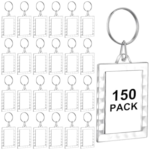 Junkin 150 Pack Acrylic Photo Keychains Clear Personalized Picture Frame Keychain Holder Blank Photo Insert Keyring DIY Favor(Rectangle with Lace Edge)