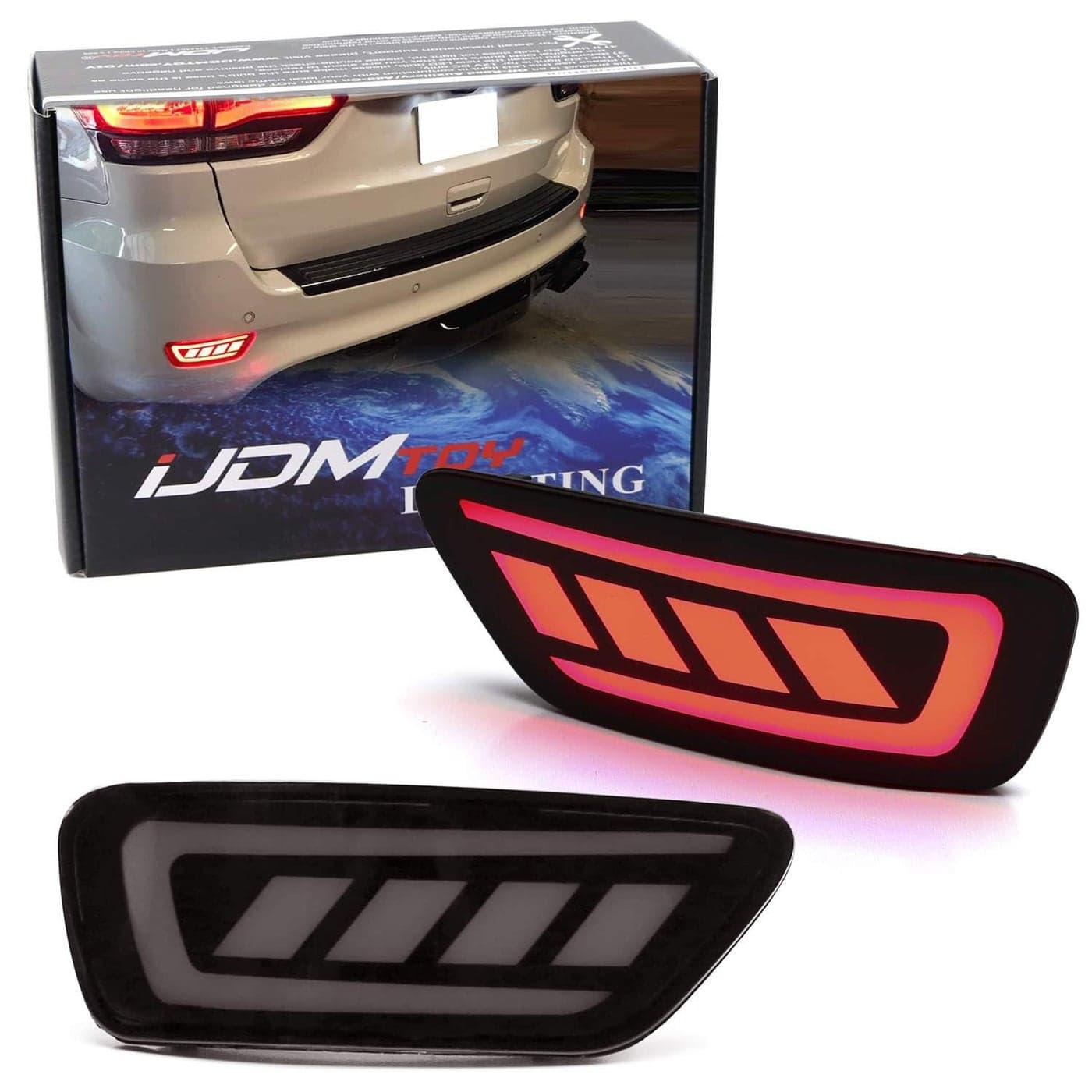 iJDMTOY Dark Smoked Lens Full LED Rear Bumper Reflector Lights Compatible With Jeep WK2 Grand Cherokee Patriot Compass Dodge Journey Function as TailBrake Sequential Blink Turn Signal