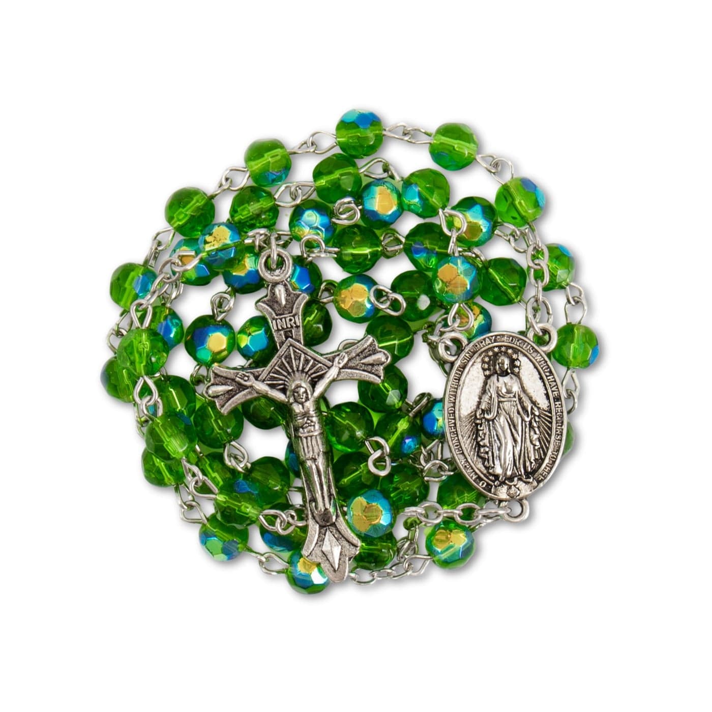 Nazareth Store Green Crystallized Glass Beads Rosary Necklace Holy Mary Medal Cross Crucifix Handmade Christian Holy Rosary for Men and Women
