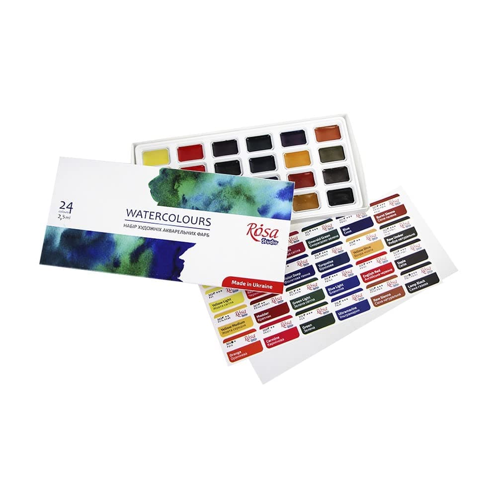 ROSA Studio Watercolor Paint Set Made in Ukraine 24 Water Colors of 25 ml High Lightfastness Paints Kit for Adults Artists Students Lightweight and Portable Travel Watercolor Kit