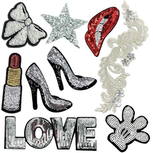 9 Pcs Sliver Embroidered Patches LipLipstick Flower Iron On Patch Sewing On Sequins DIY Clothes Applique Garment Motif Woman Girl Brand Patch Sliver 9pcs