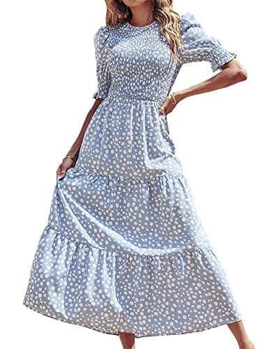 BTFBM Women Casual Summer Dresses 2025 Spring Crew Neck Ruffle Short Sleeve Floral Print Smocked Boho Flowy Maxi Dress(Dot Blue White, Small)