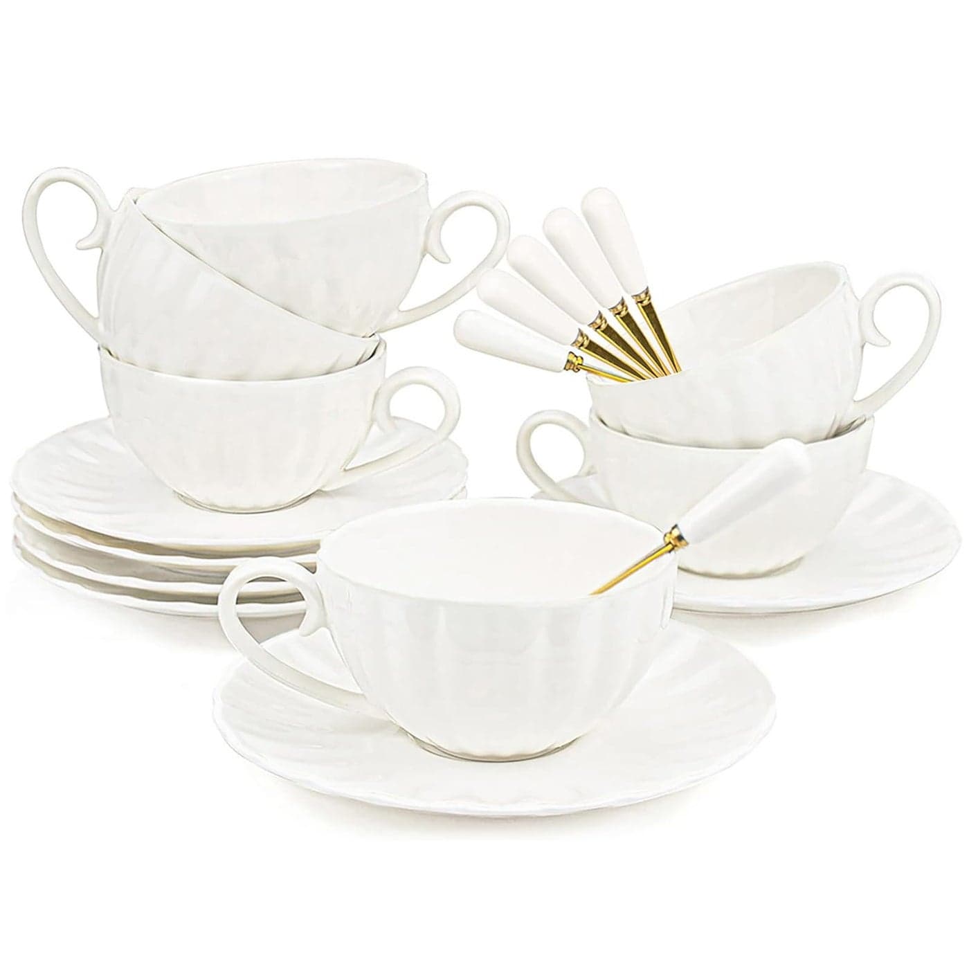 Yesland Set of 6 Royal Tea Cups and Saucers 8 oz White Porcelain Tea Set British Coffee Cups White Latte Cups and Espresso Mug for Specialty Coffee Drinks Latte Cafe Mocha Tea