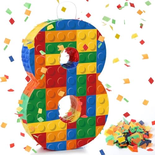 RoundFunny Number 8 Building Blocks Piata 165 Inch Party Supplies 8th Birthday Party Decorations Piata with Confetti Blocks Theme Fiesta Anniversary Celebration