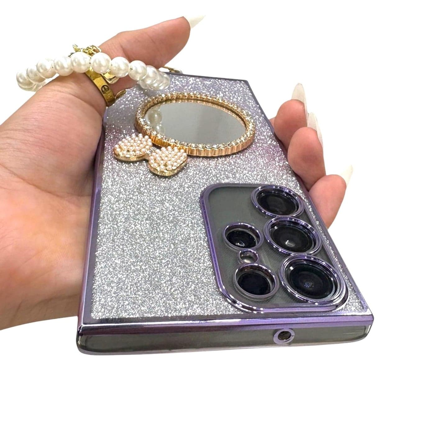 BOUNCEBACK Soft Electroplated Bling Jewel Glitter Plating Mirror Case for Girls Women with Pearl Chain Bracelet Cover Back Case/Cover for Samsung Galaxy S25 Ultra - (Purple| Rubber)
