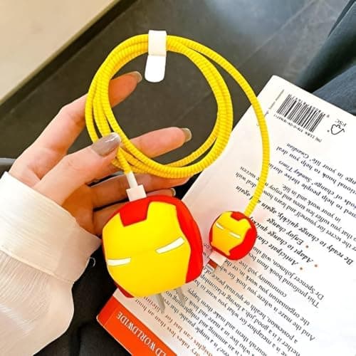 INEFABLE Charger Case Cover Protector with 3D Cute Pattern for iPhone Charger only 18W & 20W, Data Charging Cable Wire Saver Protective Cable Cover Full Protection - Set Of 1 (Ironman)