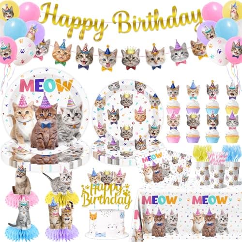 Cat Birthday Decorations189pcs Cat Party Decorations cat Birthday Plates and Napkins Cups Tablecloth Cake Topper Hanging Swirls Centerpiece Balloon for Ca t Party Supplies