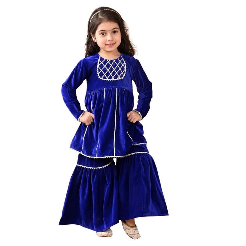 superminis Girls Velvet Solid Gotta Work Kurti with Elasticated Waistband Sharara Set (2-3 Years, Blue)