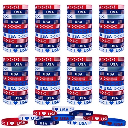 JAKADYUKS 100Pcs American Flag Silicone Bracelets Fourth 4th of July Party Accessories USA Veterans Day Memorial Day Patriotic Wristband Red White and Blue Party Favors School Gifts