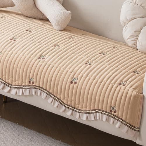 HOKIPO Premium Dutch Velvet Sofa Cover Mat with Frill | Make Your Own Sofa Cover Set, Mat Length 90(D) x 170(L) cm, Caramel Beige (AR-5739-BGE)