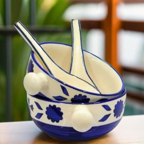 KITTENS Ceramic Soup Bowls 350ml – Set of 2 – Blue Floral Handpainted with Spoons | Microwave & Dishwasher Safe | Food Grade | Ideal for Soup, Maggi, Pasta, Snacks & Daily Use