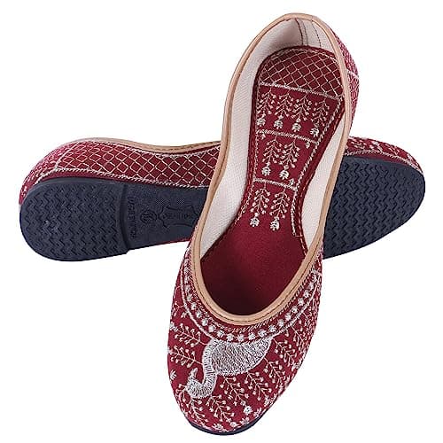 DFR Woman Comfortable Cushioned Ethnic Embroidered Rajasthani Punjabi Style Mojari Jutti Juti for Women Fancy Bellies Shoe, Color: RED2 | UK Size 4