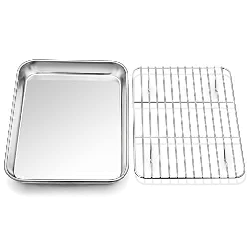 PP CHEF 104 Inch Baking Sheet Pan with Rack Set Stainless Steel Cookie Sheet Pan Tray with Cooling Rack for Oven Use Cooking Roasting Non Toxic Dishwasher Safe Heavy Duty
