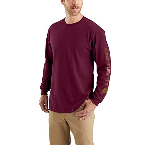Carhartt Mens Loose Fit Heavyweight Long-Sleeve Logo Sleeve Graphic Fashion-t-Shirts, Port, Small US
