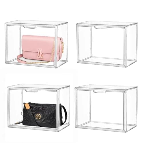Clear Stackable Plastic Storage Bins with Magnetic Attraction Lid, Acrylic Box Display Case Showcase for Cosmetic, Large Figures Collectibles (4 Pack, X-Large)