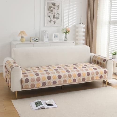 HOKIPO 'HomeHues Series' Printed Quilted Sofa Seat Mat for 2 Seater Sofa with 2 Armrest Covers with Pockets, Brown Polka Dot (IN-807-D4 + IN-814-D4*2)
