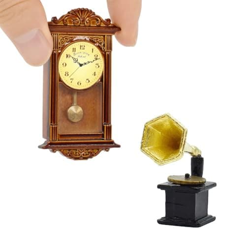 iLAND Miniature Dollhouse Accessories on 112 Scale Grandfather Wall Clock and Record Player elf Accessories