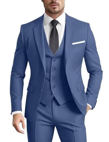 Men's Suit 3 Pieces Slim Fit Formal Business Wedding 2 Buttons Denim Blue Blazer Vest Pants Set Tuxedo L