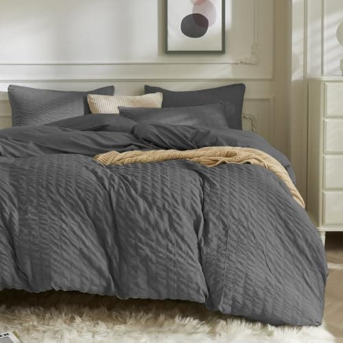 JELLYMONI Charcoal Grey Duvet Cover Queen Size, 3pcs Washed Microfiber Bedding Set, Soft Breathable Seersucker Duvet Cover Set with Zipper Closure and Corner Ties for All Seasons