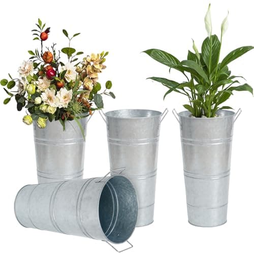 Notakia 10.62 Inch Galvanized Metal Vases Farmhouse French Flower Bucket Vases for Cut Flowers for Home Decor and Wedding Table Centerpiece Decorations (Medium Silver 4Pcs)