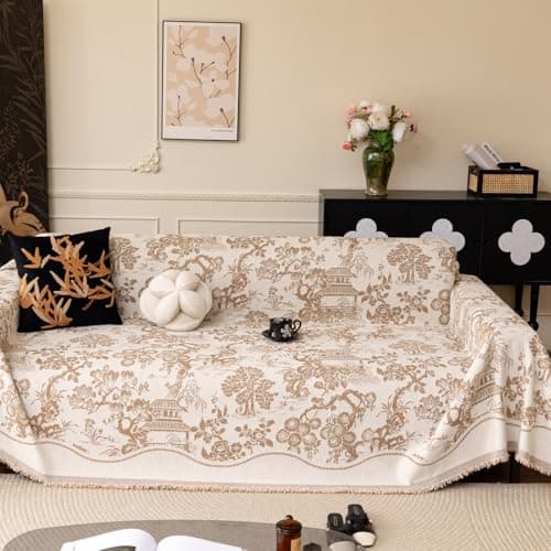 French Country Couch Cover for 3 Cushion Sofa, Chinoiserie Reversible Couch Cover Sectional L Shape, Farmhouse Beige Home Decor Chenille Non Slip Washable Large Couch Protector for Dogs 71"x118"