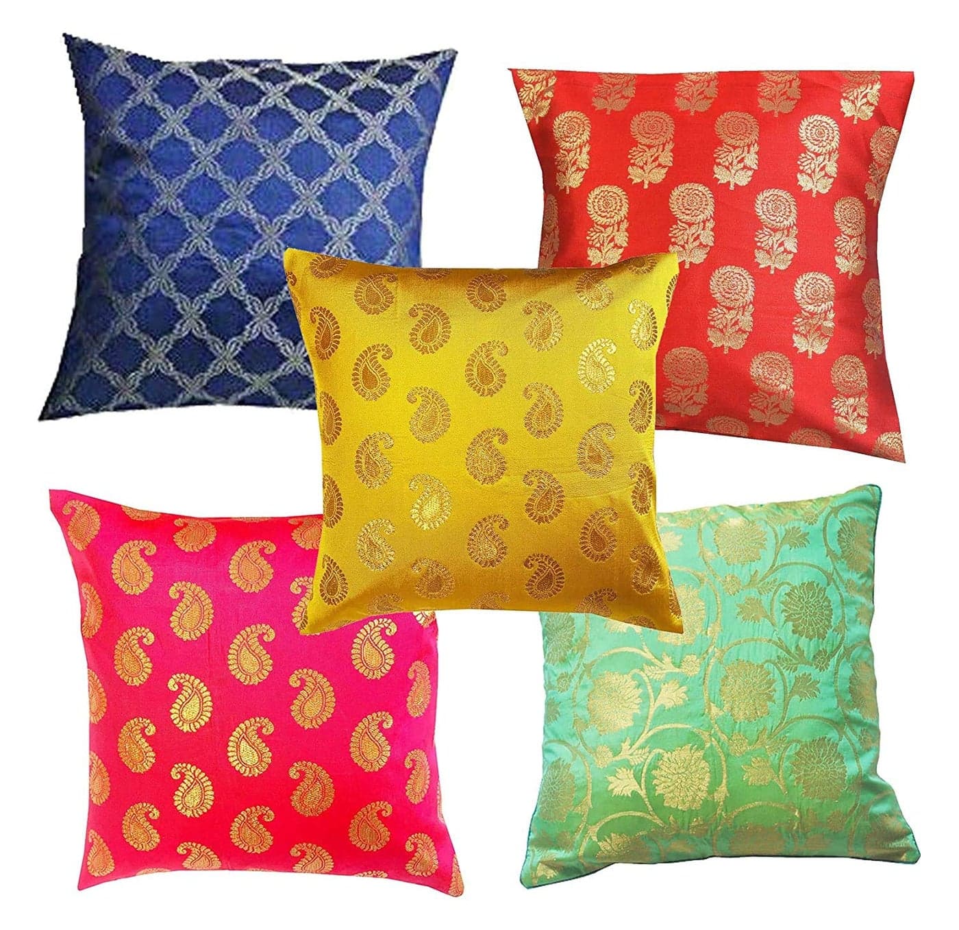 VIREO- Art Silk Jacquard/dopian silkmulti Colour Cushion Cover 18x18 inch-Set 5 pcs