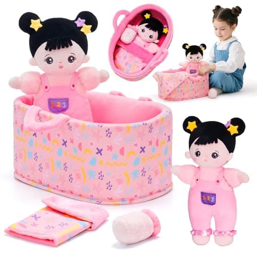 OUOZZZ 10 Soft Baby Doll Set with Plush Doll Bassinet Blanket and Bottle Pretend Playset for Emotional Social Education Asian Doll for 2 Year Olds Girls Perfect Birthday Toy