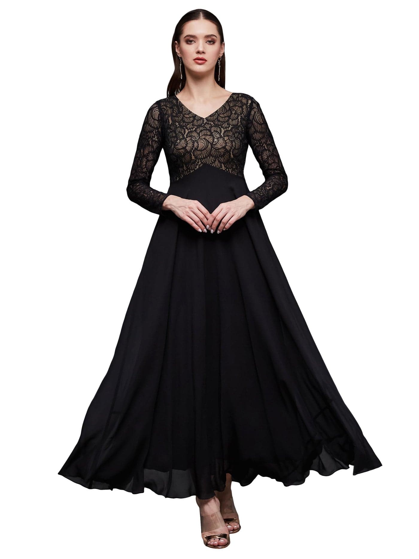 Miss Chase Women's V-Neck Full Sleeve Self Design Lace Overlaid Maxi Dress with Pockets (Plus (MCAW23D13-85-62-08, Black, 3XL)