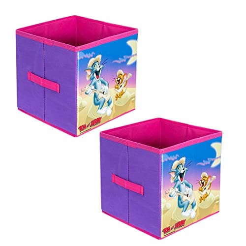 PrettyKrafts Tom and Jerry Fabric Toys Organizer Storage Box for Kids (Small, Purple, Set of 2)