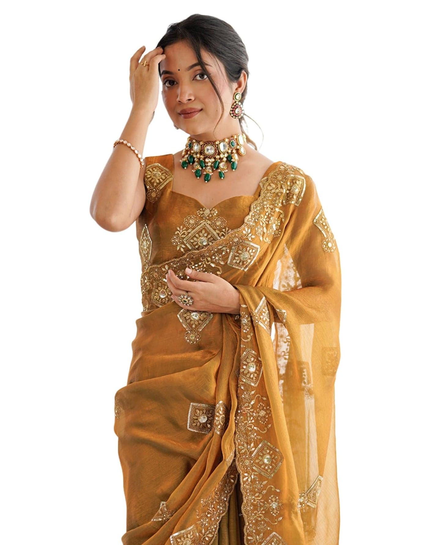 SIRIL Women's Sequence Embroidery Chiffon Saree With Unstitched Blouse Pieces (4857S162-Golden)
