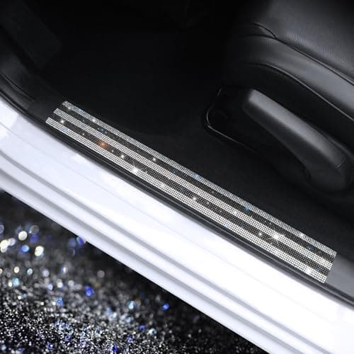 Pirador Luster Crystal Car Door Sill Plate Protectors Bling Diamond Door Entry Guards Sill Scuff Cover Panel Step Protector Sticker with Sparkling Rhinestones Universal White Black 2 Pcs