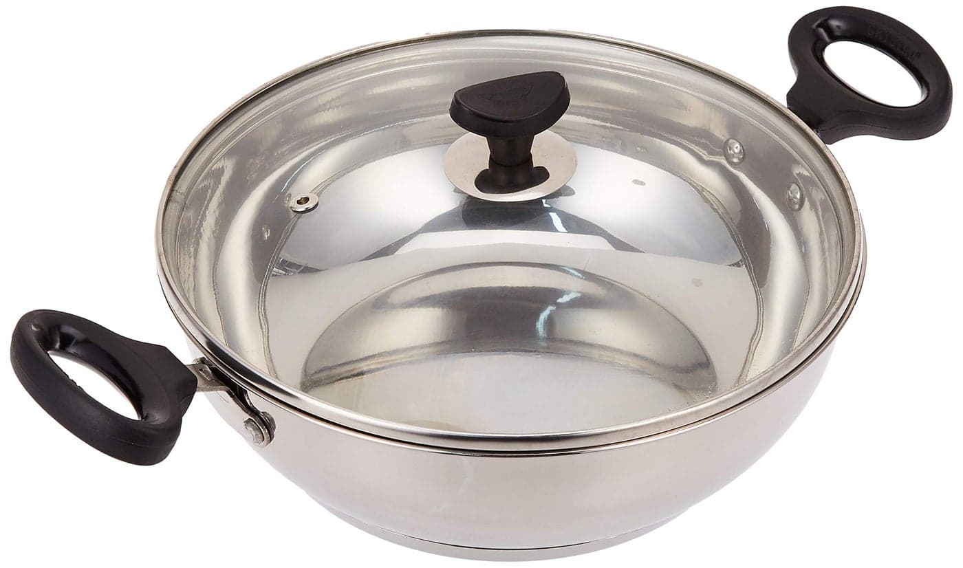 Crystal Stainless Steel Kadai with Glass Lid| 250 mm | 3.4 Litre | Induction Base | Sandwich Bottom | Silver