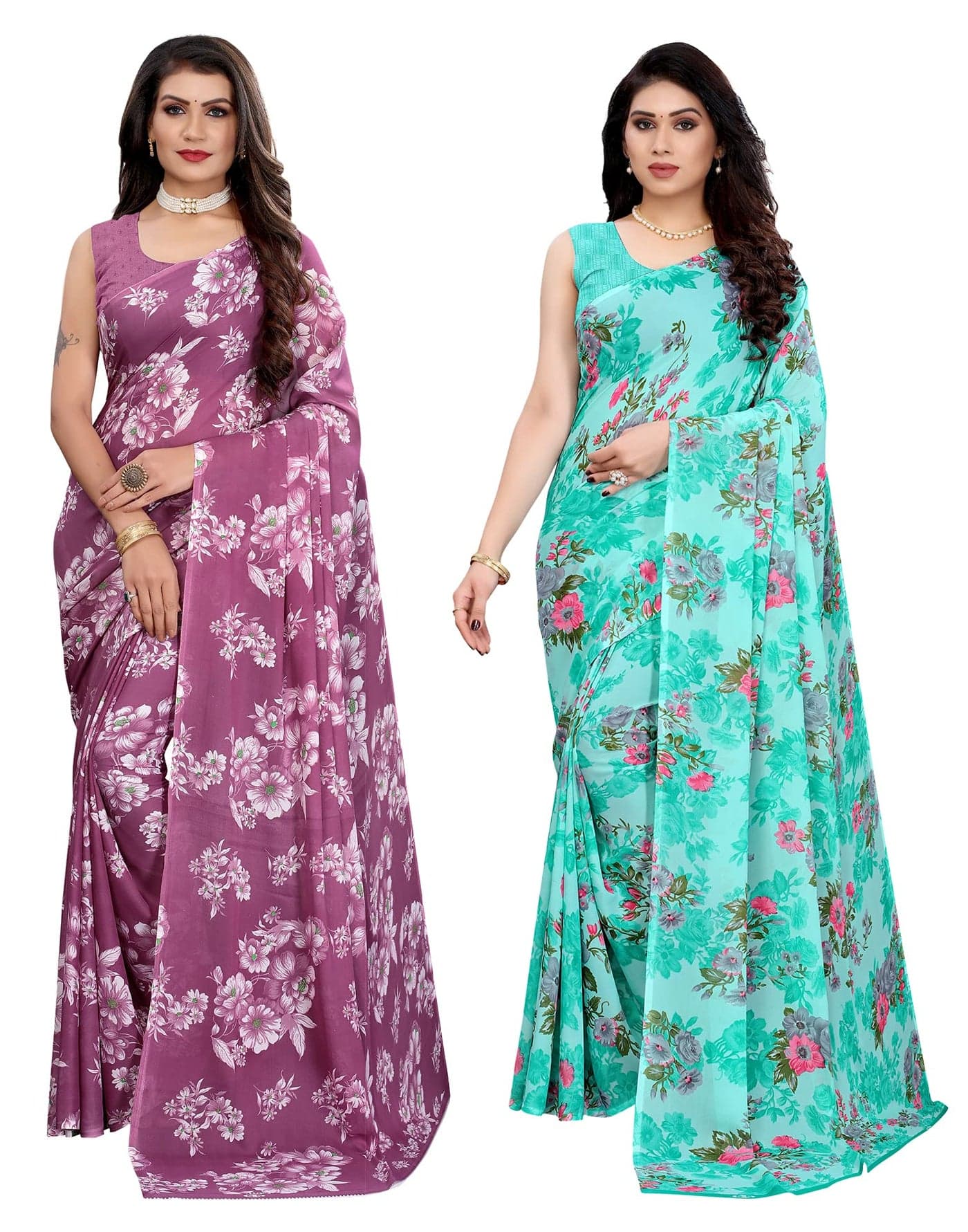 SIRIL Women's Floral Printed Georgette Saree with Blouse Combo Pack Of 2(2024S566_2041S576_Purple||Light Blue)
