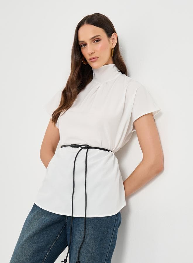 White High Neck Blouse with Loop String Belt — XXL